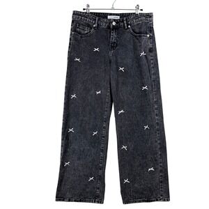 Love Soho Women Black Acid Wash Wide Leg Bow Embroidered Jeans Size 7 90375-5